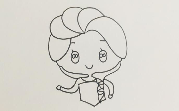 在面部补充画出艾莎公主的五官后，往下画出她的上半身衣服与手部动作.jpg