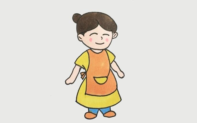 四、最后给妈妈涂上颜色。围裙和鞋子涂上橙色,长裙涂上黄色,裤子涂上蓝色,头发涂上棕色,脸颊涂上粉红色。一位温柔又善良的妈妈就画好了.jpg 四、最后给妈妈涂上颜色。围裙和鞋子涂上橙色,长裙涂上黄色,裤子涂上蓝色,头发涂上棕色,脸颊涂上粉红色。一位温柔又善良的妈妈就画好了.jpg