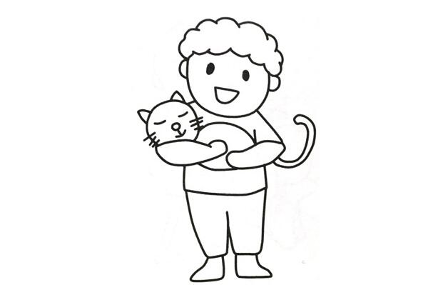 抱着猫咪的小男孩简笔画怎么画，抱着猫咪的小男孩简笔画素材.jpg