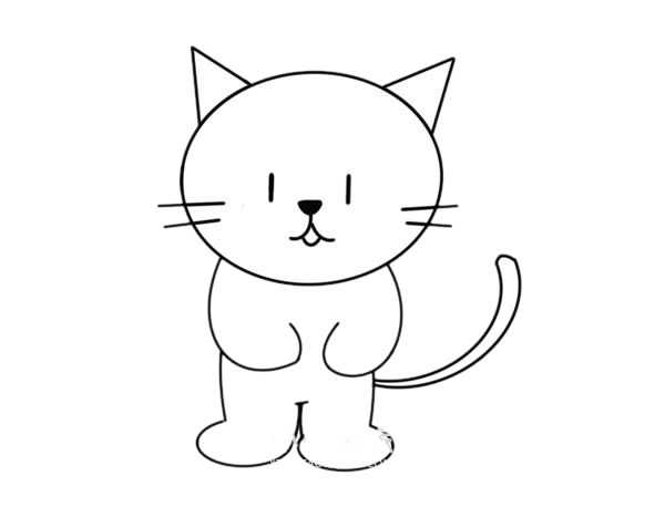 卡通猫咪简笔画的画法:站立的猫咪,就像是被烟熏过一样,非常可爱