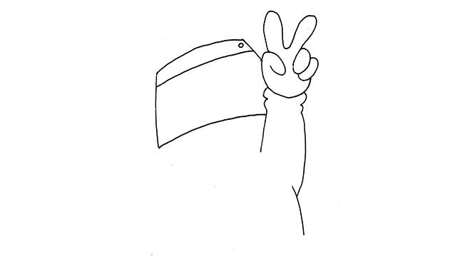 二、 然后在手掌的高度位置画出类似一个倒梯形的面罩，下面的横线微微弯曲，上面画一道边，里面画一个小圆点。.jpg
