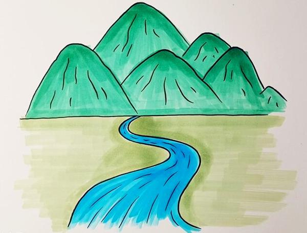 高山流水场景怎么画？