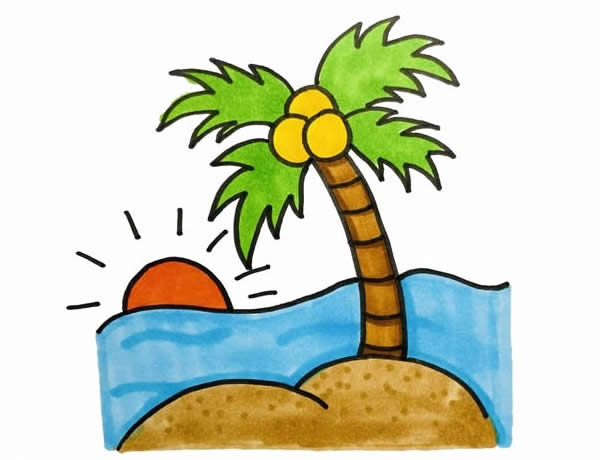 海边风景简笔画彩色画法 椰子树 太阳 大海 沙滩