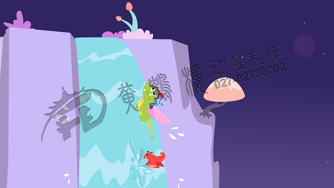 英语课动画制作：眼看就要撞击到瀑布了，一个仰飞，冲上了天，而小恶龙却没控制中，扎进了瀑布里.jpg