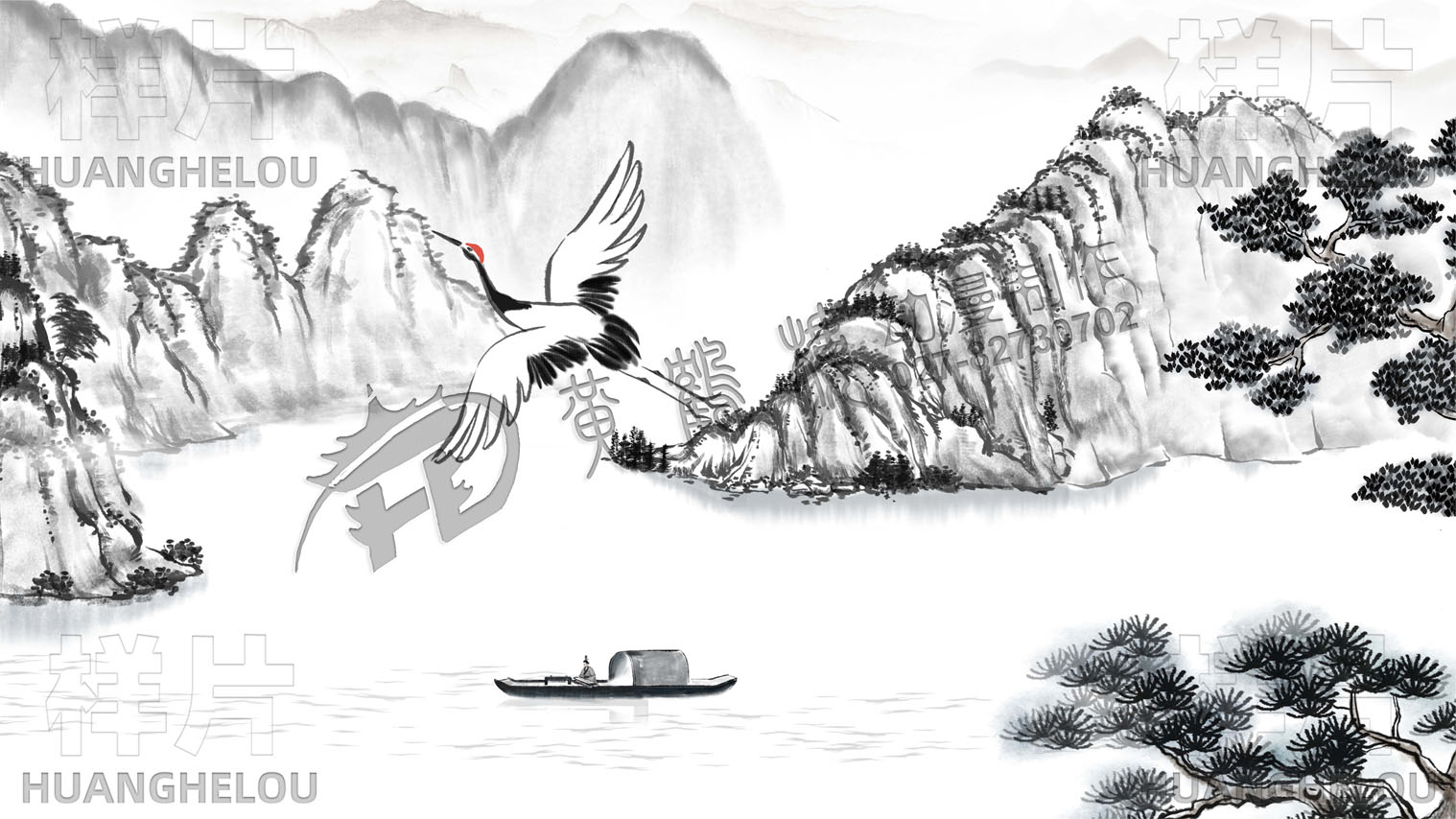 一只白鹤在空中翱翔飞过江面，带出小船-3.jpg